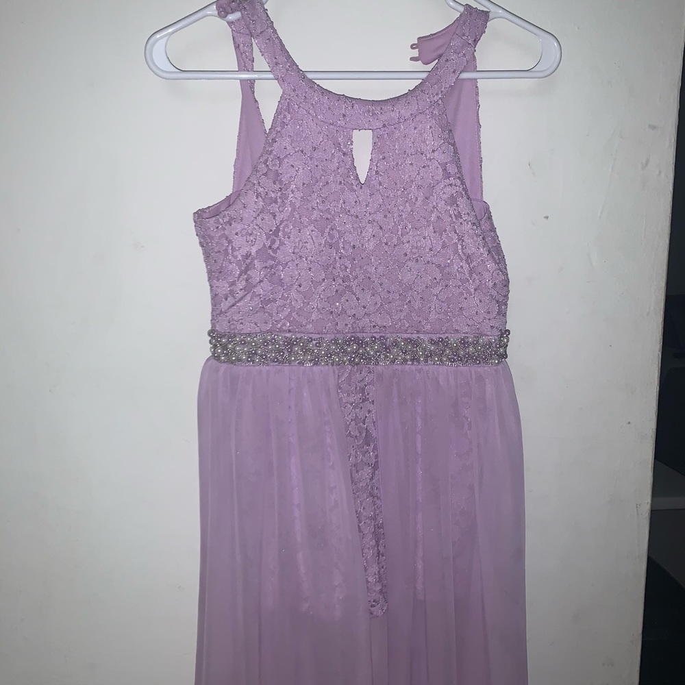 Lavender dress with shorts under long skirt